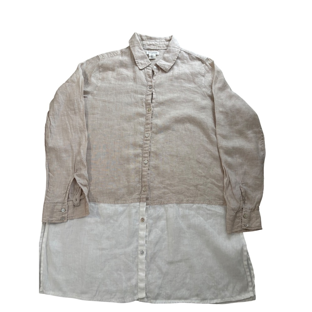 Artisan NY Linen Tunic Top Tan White Colorblock Button Down Roll Tab Sleeve S